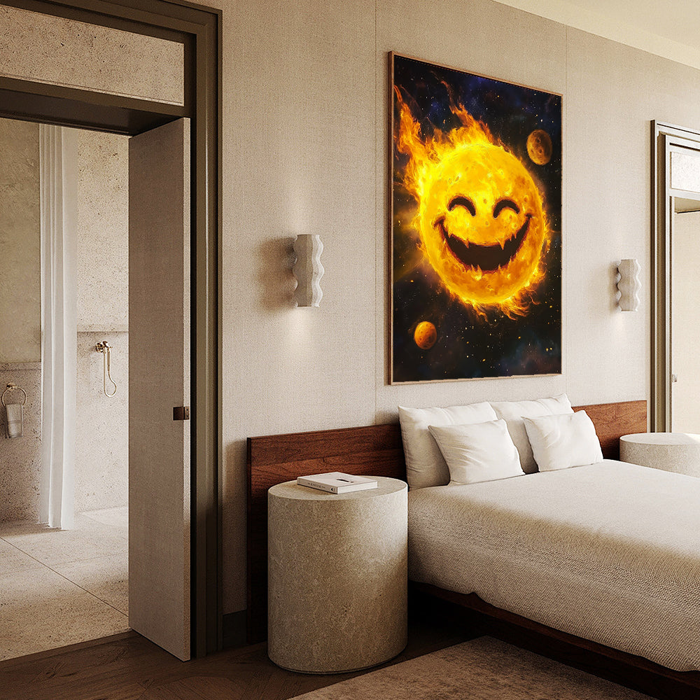 "Fiery Smiley Sun" -Cosmic Charm- Canvas Wall Art