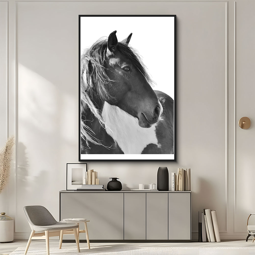 Graceful Black And White Horse Portrait Canvas Wall Art