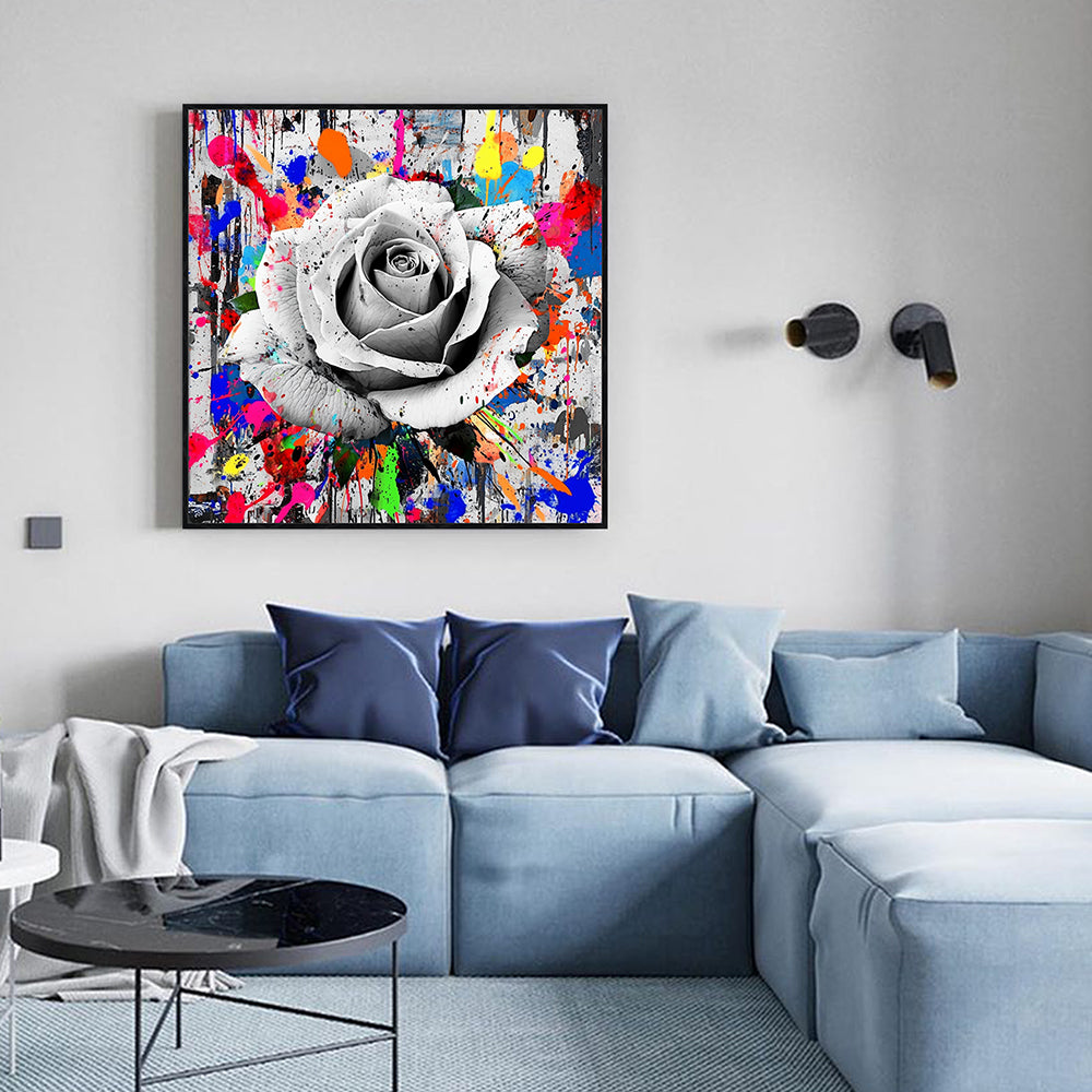 Monochrome Rose With Color Splash Canvas Wall Art