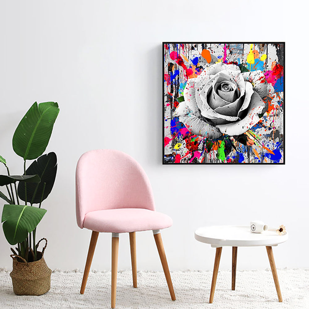 Monochrome Rose With Color Splash Canvas Wall Art