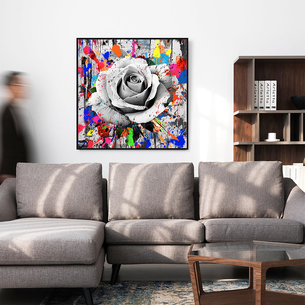 Monochrome Rose With Color Splash Canvas Wall Art