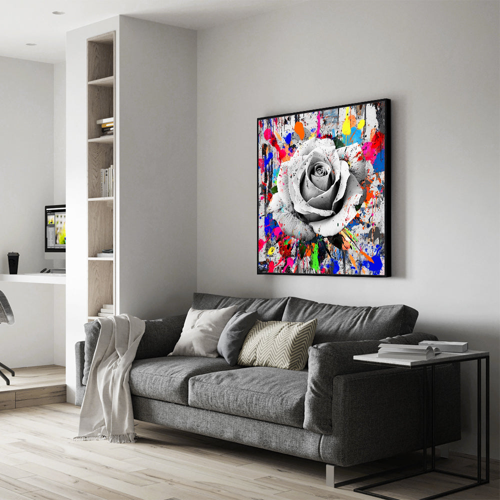 Monochrome Rose With Color Splash Canvas Wall Art