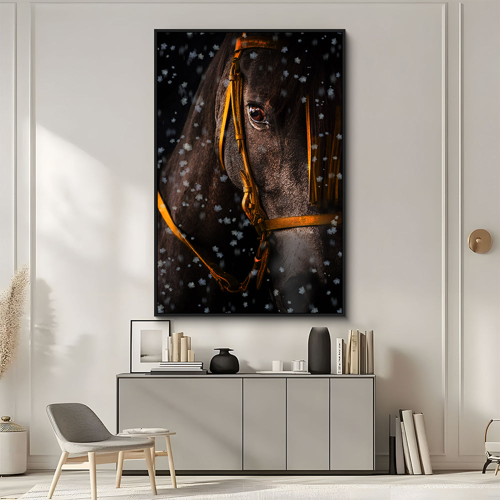 Snowfall Elegance: Black Horse Portrait Canvas Wall Art