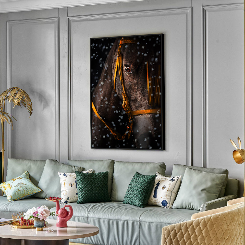 Snowfall Elegance: Black Horse Portrait Canvas Wall Art