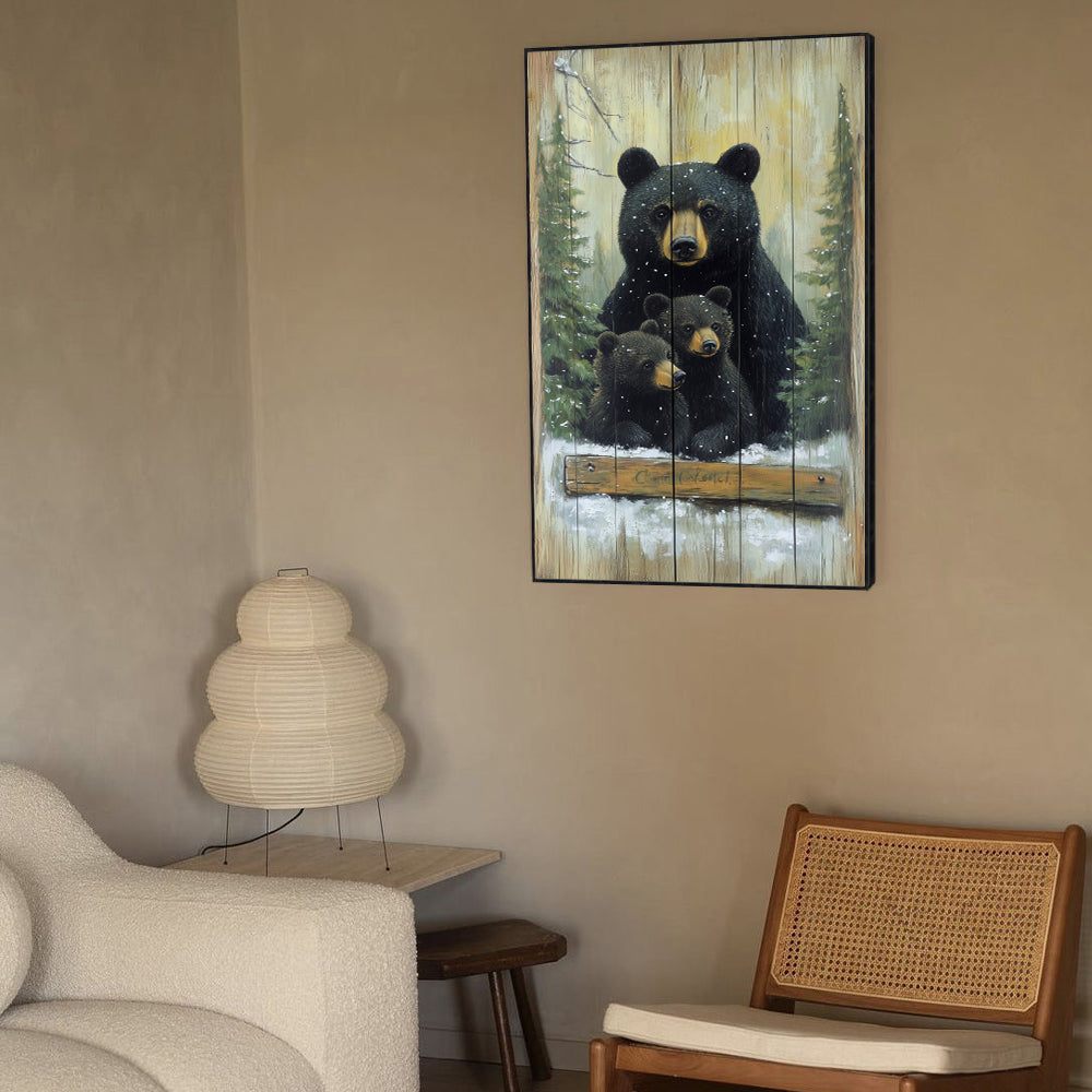 Bear Family Winter Scene Canvas Wall Art – Rustic Woodland Charm