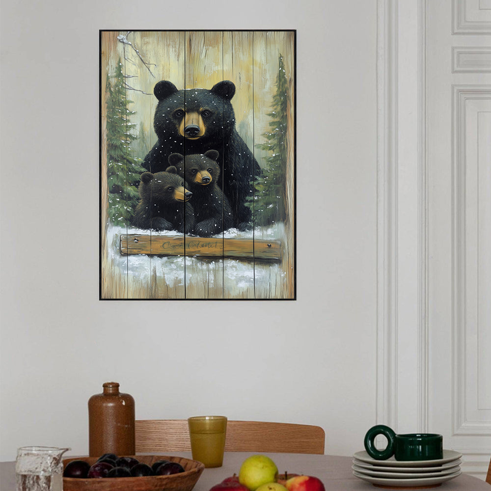 Bear Family Winter Scene Canvas Wall Art – Rustic Woodland Charm