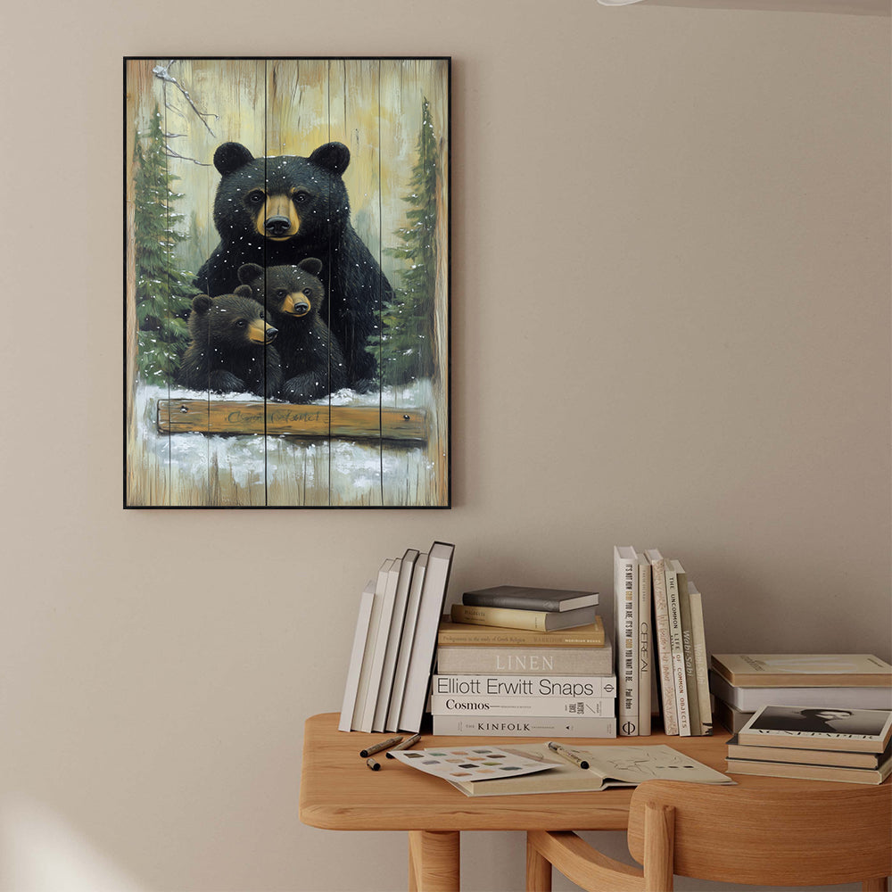 Bear Family Winter Scene Canvas Wall Art – Rustic Woodland Charm