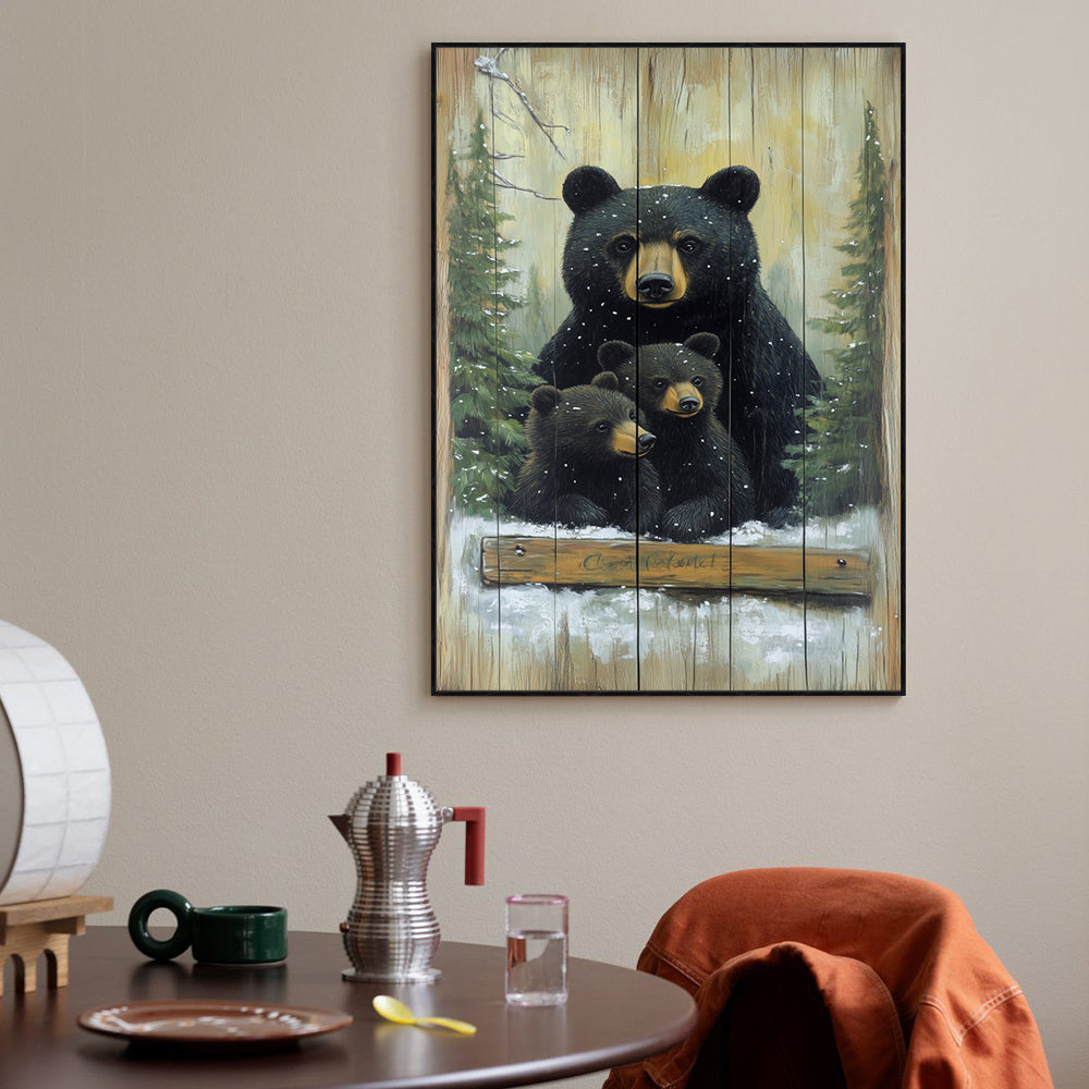 Bear Family Winter Scene Canvas Wall Art – Rustic Woodland Charm