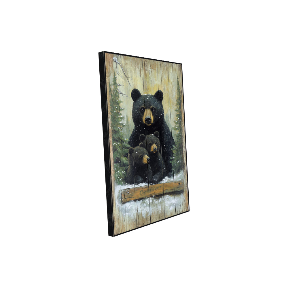 Bear Family Winter Scene Canvas Wall Art – Rustic Woodland Charm