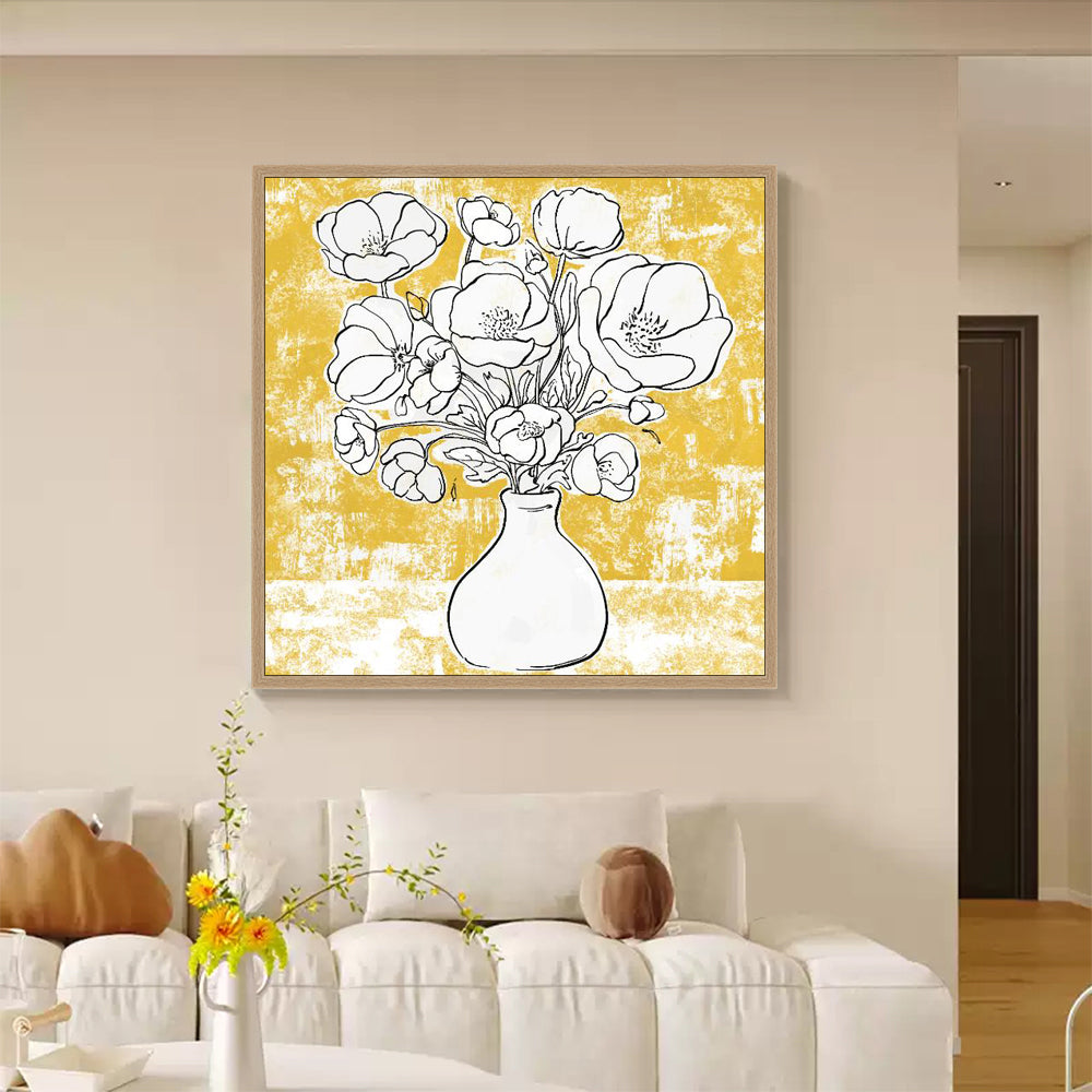 Bold Yellow Floral Vase – Contemporary Botanical Line Art Canvas Wall Art