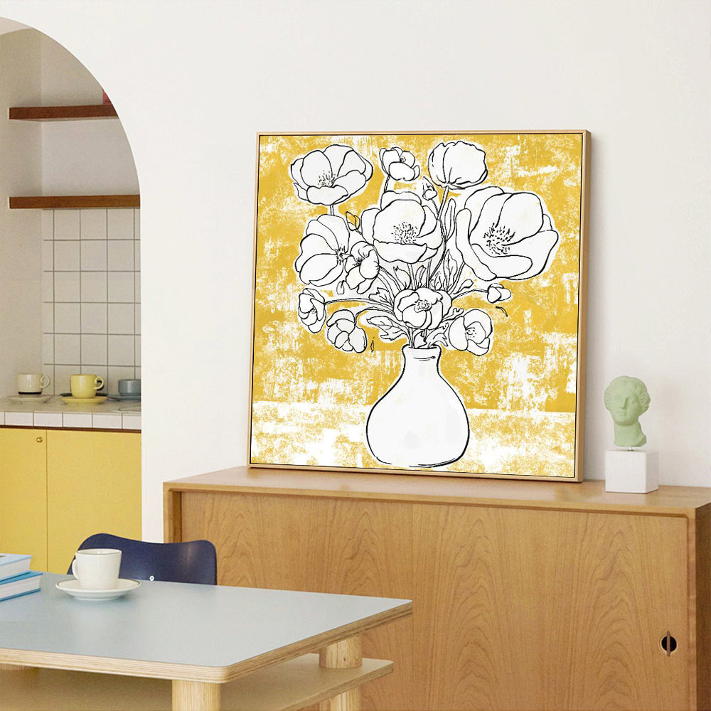 Bold Yellow Floral Vase – Contemporary Botanical Line Art Canvas Wall Art