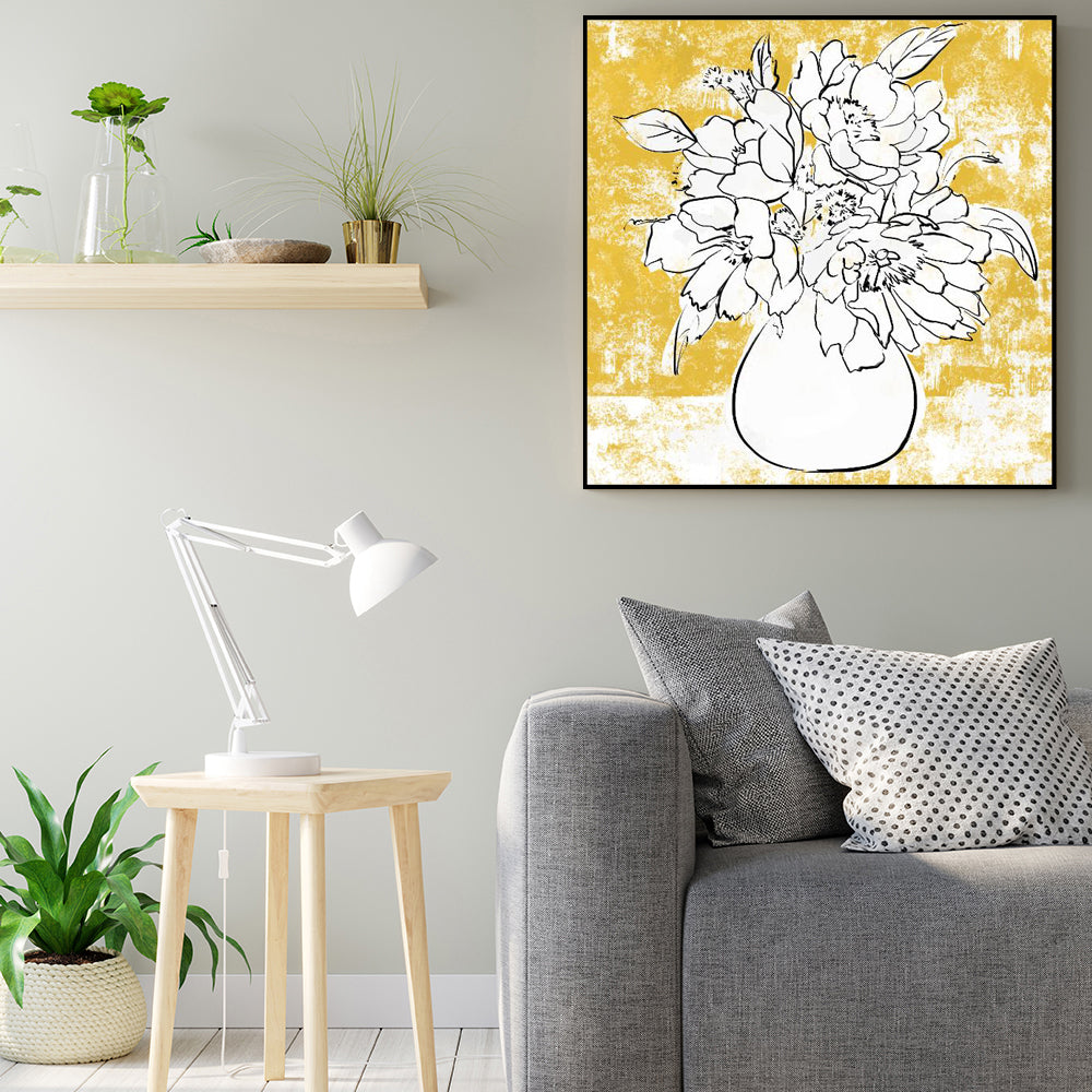 Modern Floral Line Art – Yellow & White Vase Painting Canvas Wall Art