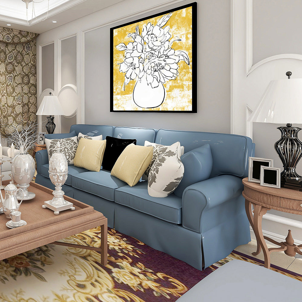 Modern Floral Line Art – Yellow & White Vase Painting Canvas Wall Art