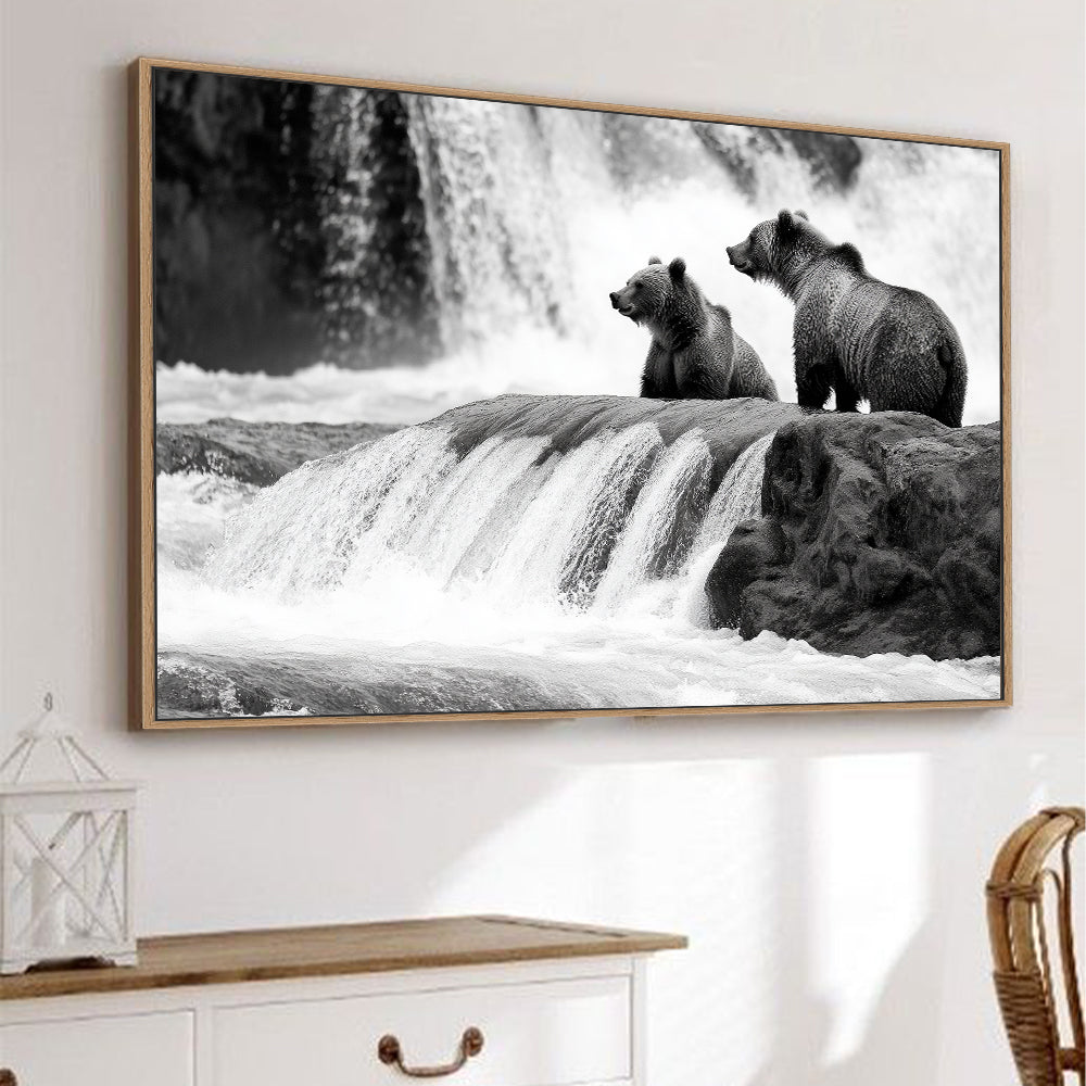 Majestic Bears At The Waterfall - Black And White Canvas Wall Art