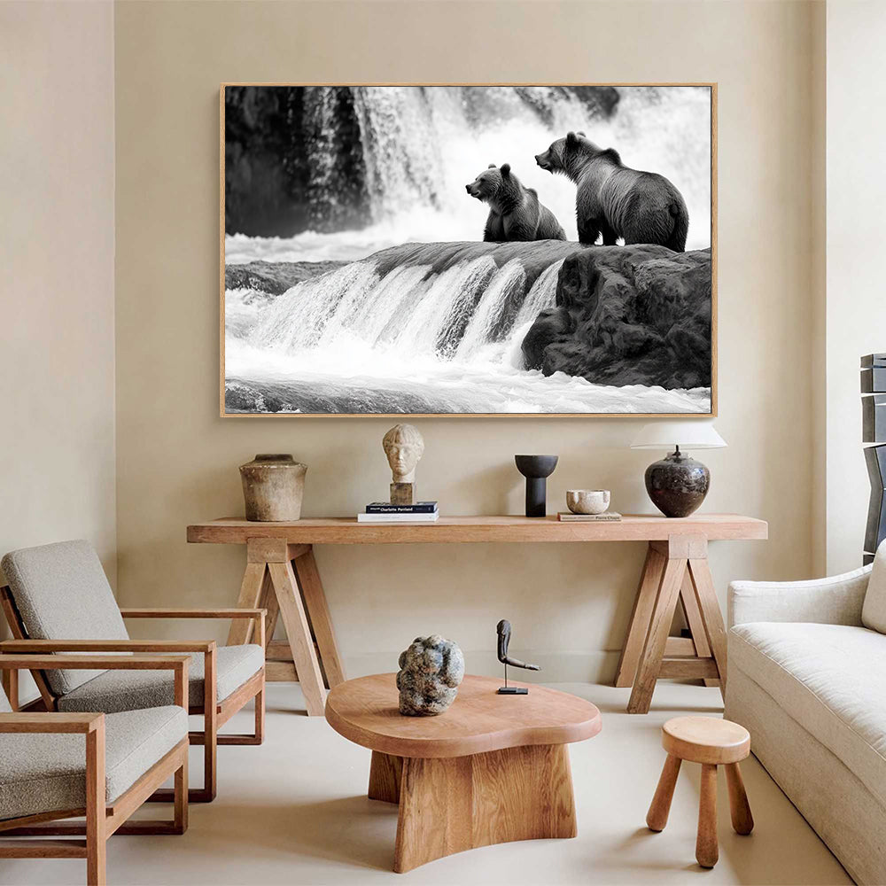 Majestic Bears At The Waterfall - Black And White Canvas Wall Art