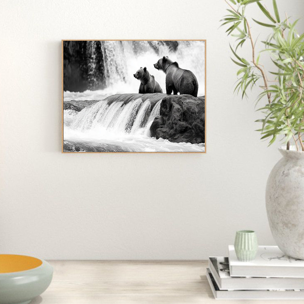 Majestic Bears At The Waterfall - Black And White Canvas Wall Art