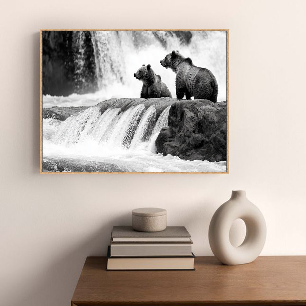 Majestic Bears At The Waterfall - Black And White Canvas Wall Art