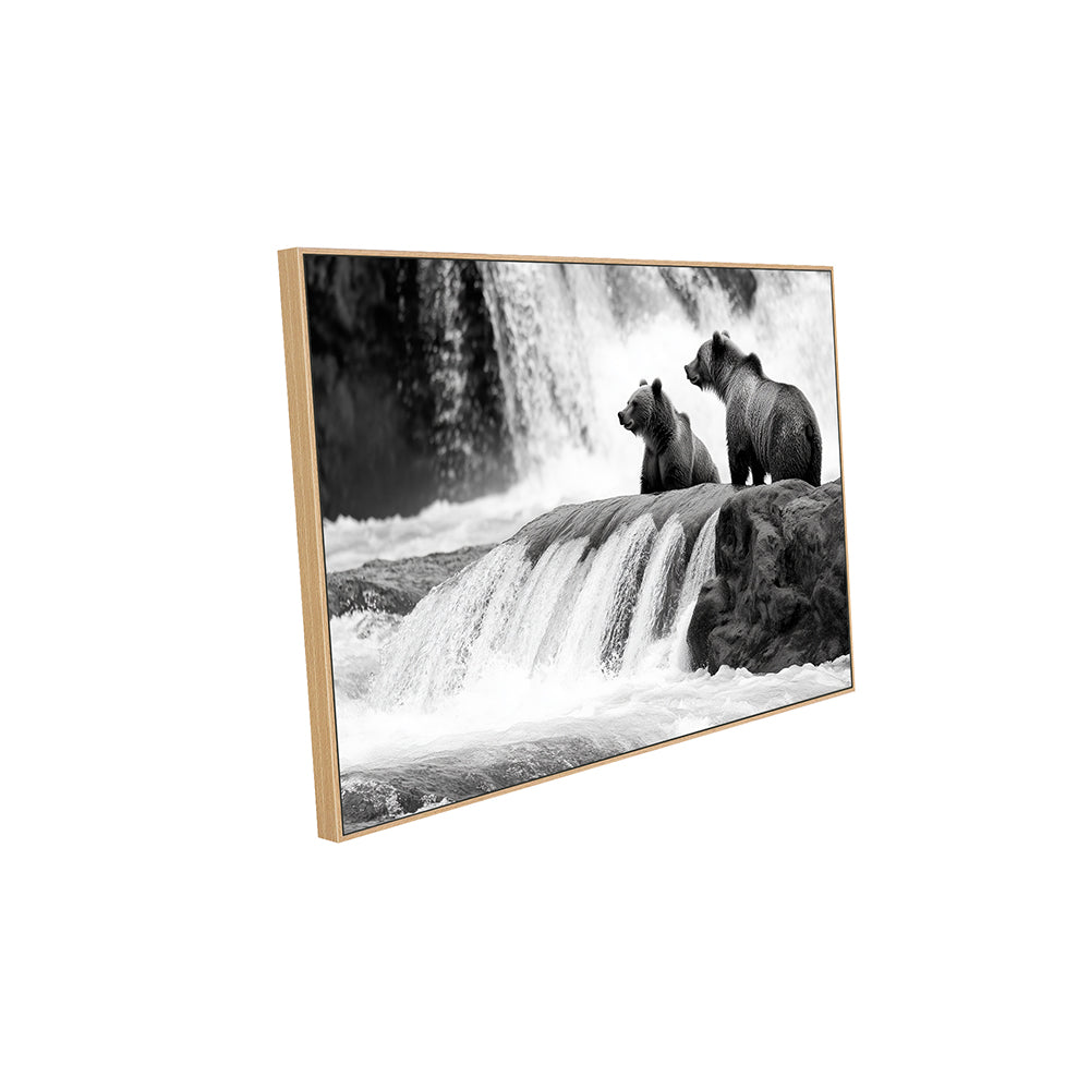 Majestic Bears At The Waterfall - Black And White Canvas Wall Art