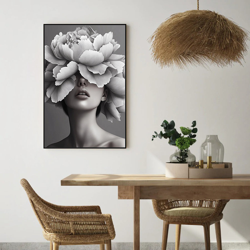 Black And White Floral Portrait Canvas Wall Art