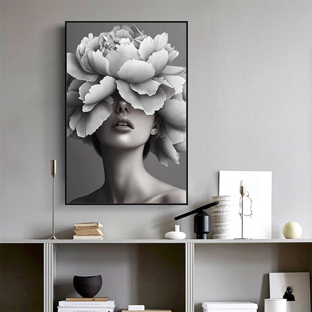 Black And White Floral Portrait Canvas Wall Art
