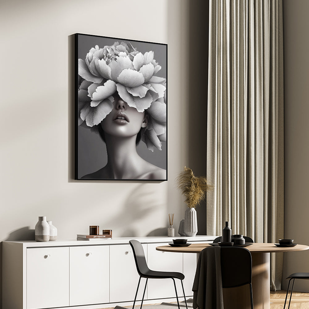 Black And White Floral Portrait Canvas Wall Art
