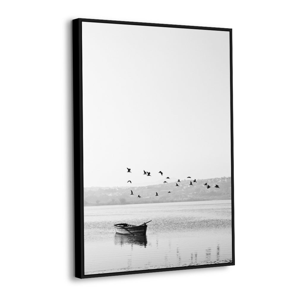 Serene Landscape: Black and White Boat and Birds Canvas Wall Art