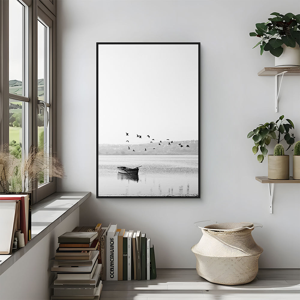 Serene Landscape: Black and White Boat and Birds Canvas Wall Art