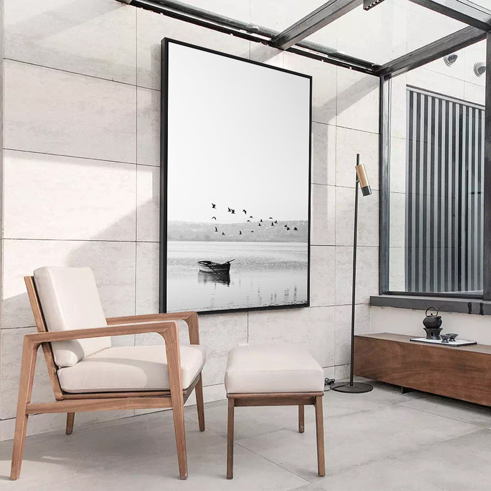 Serene Landscape: Black and White Boat and Birds Canvas Wall Art