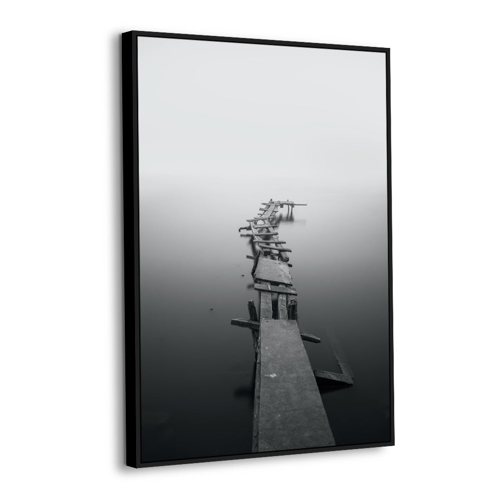 Misty Path: Black and White Dock Canvas Wall Art