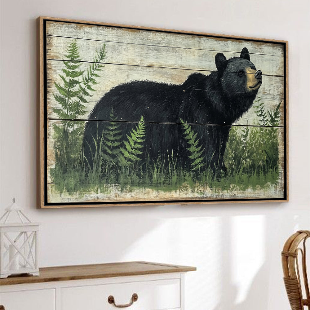 Majestic Black Bear With Rustic Charm Canvas Wall Art