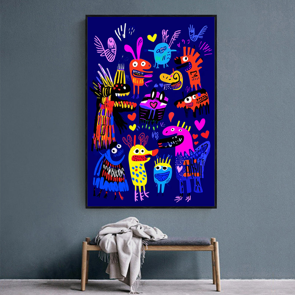 Playful Neon Creatures Canvas Wall Art