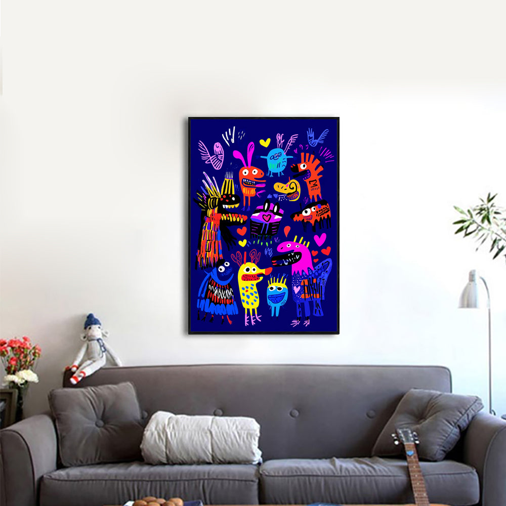 Playful Neon Creatures Canvas Wall Art