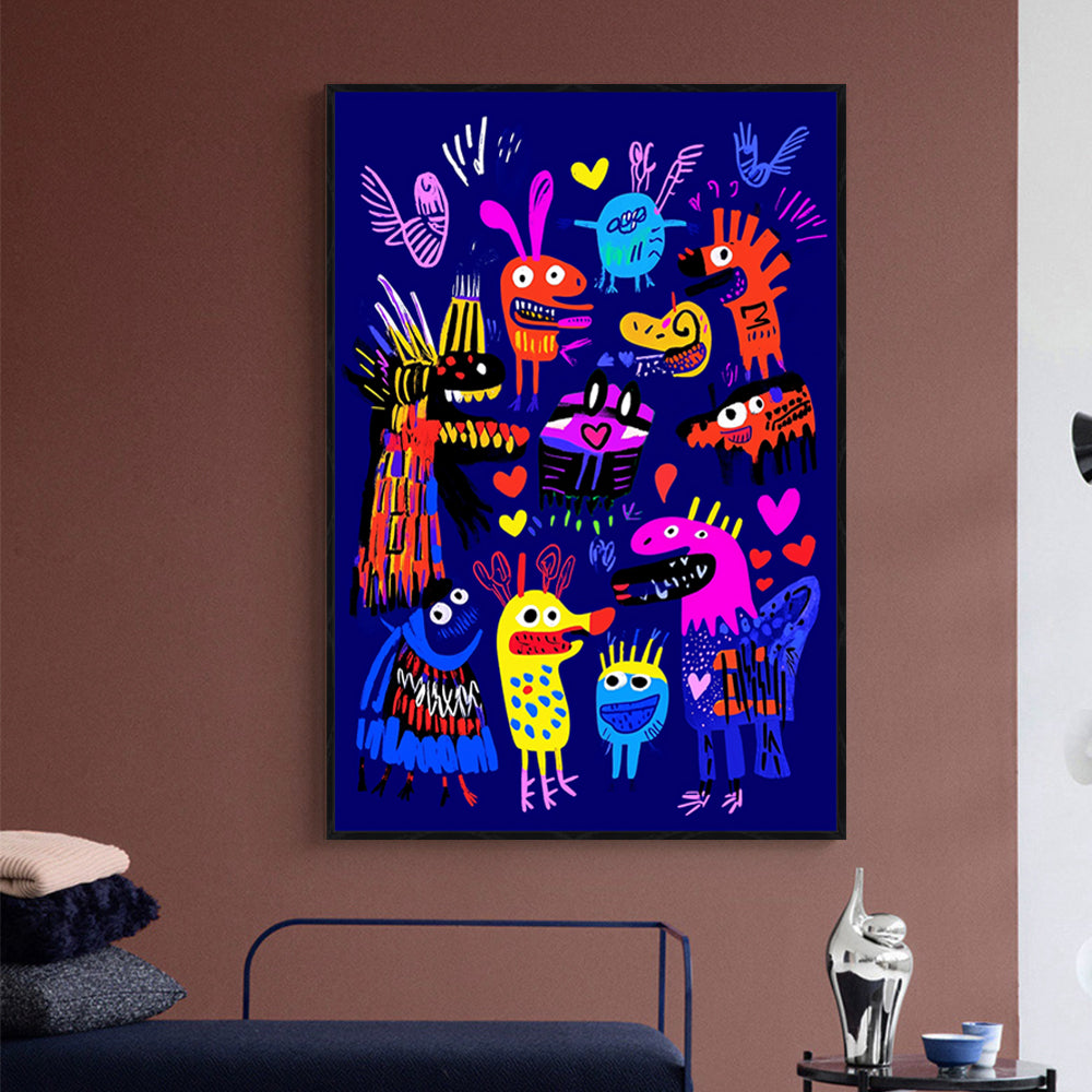 Playful Neon Creatures Canvas Wall Art