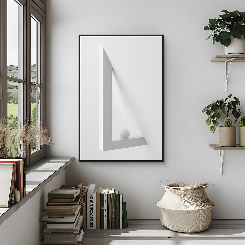 Minimalist White Geometric "L" Shape With Spherical Element Canvas Wall Art
