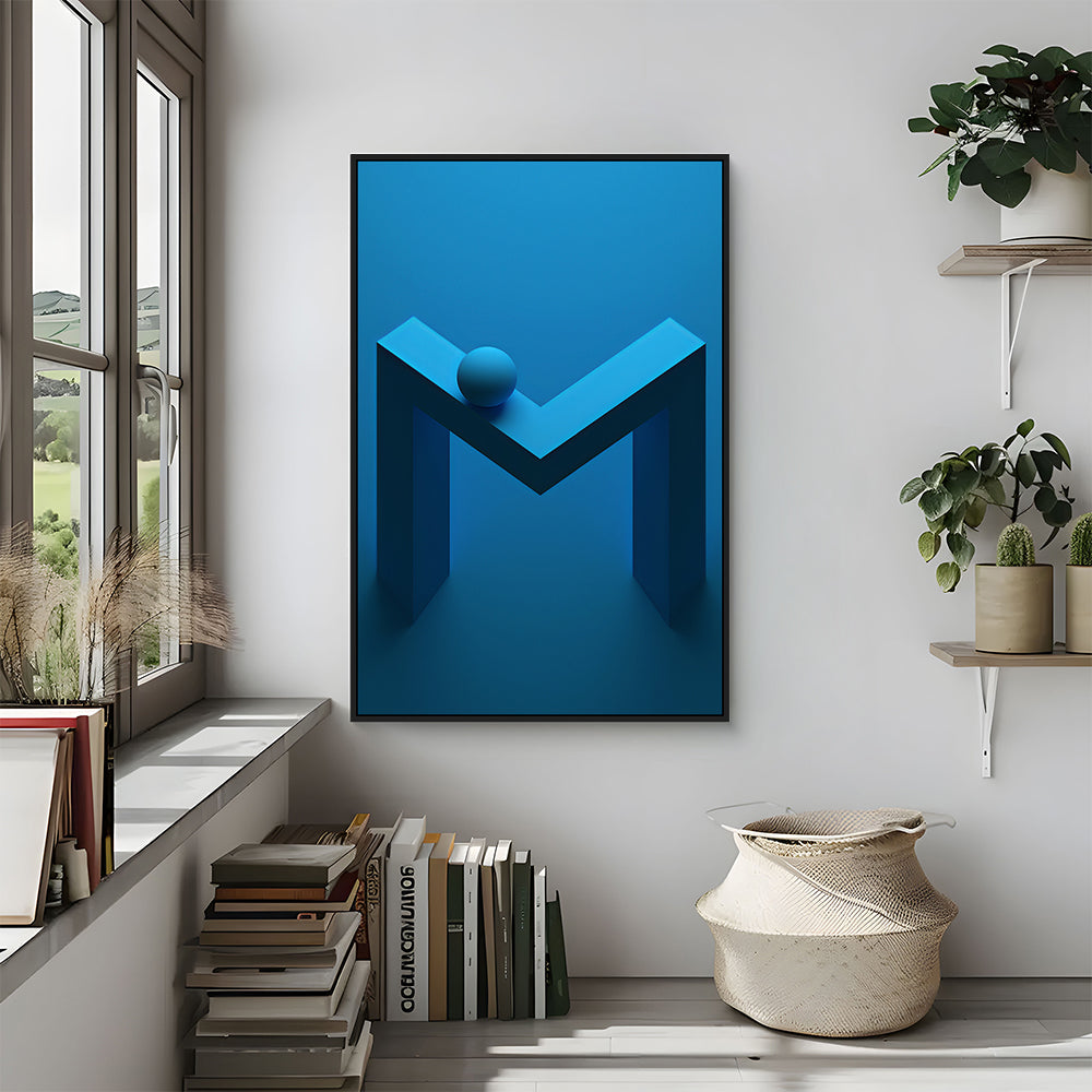 Modern Blue Geometric "M" Shape With Spherical Element Canvas Wall Art