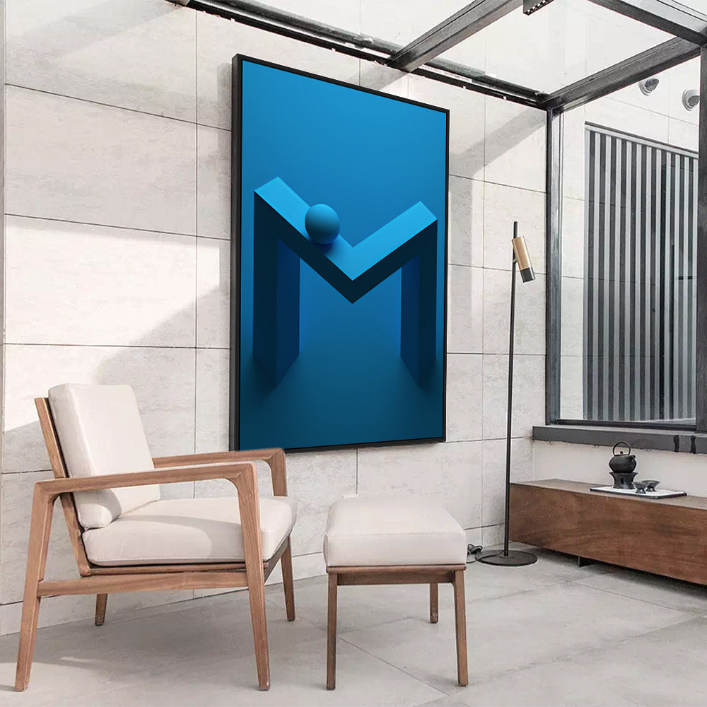 Modern Blue Geometric "M" Shape With Spherical Element Canvas Wall Art