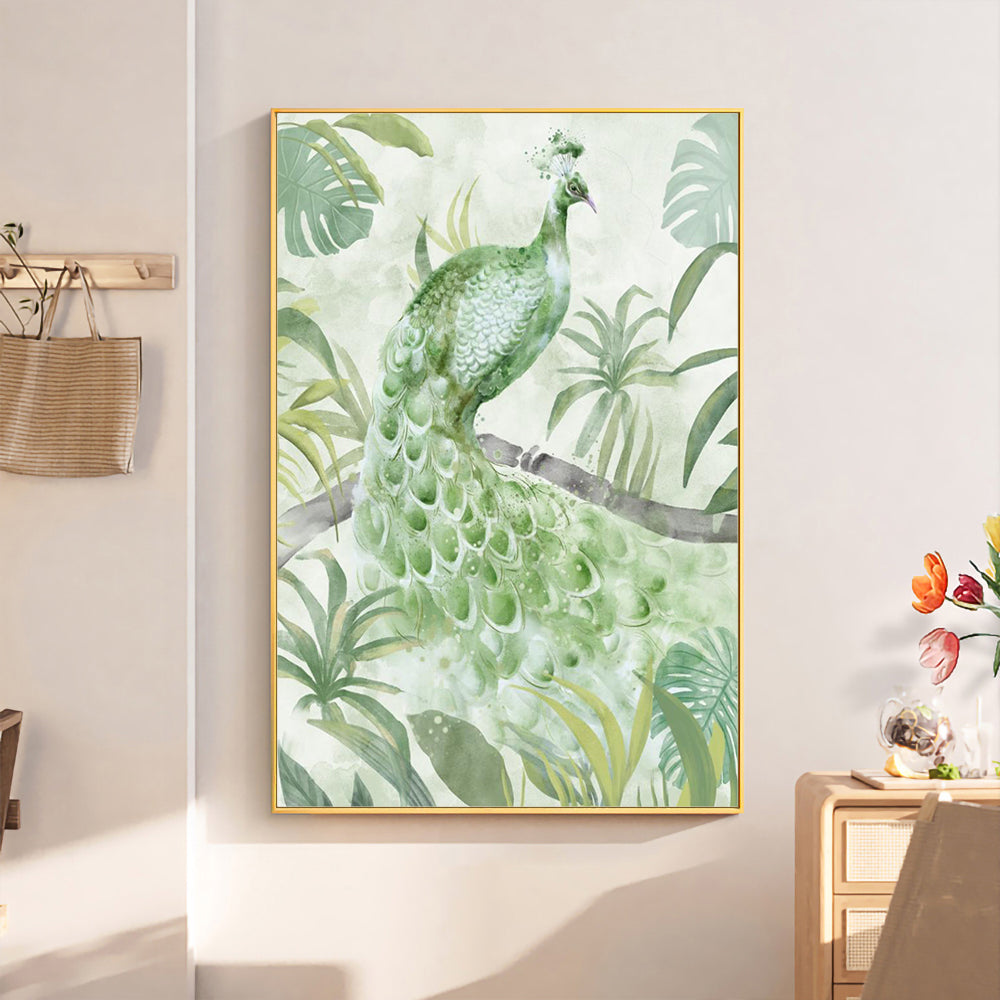 Elegant Green Peacock Watercolor – Tropical Jungle Aesthetic Canvas Wall Art