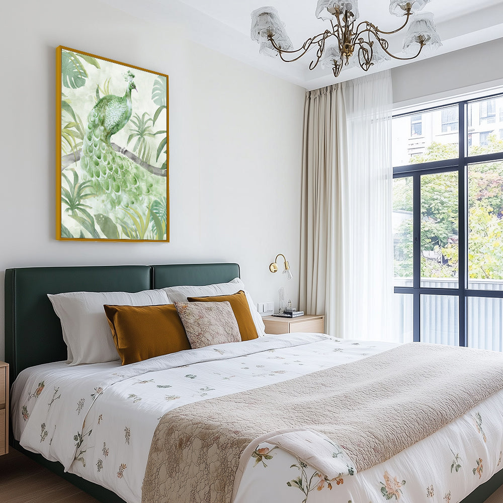 Elegant Green Peacock Watercolor – Tropical Jungle Aesthetic Canvas Wall Art