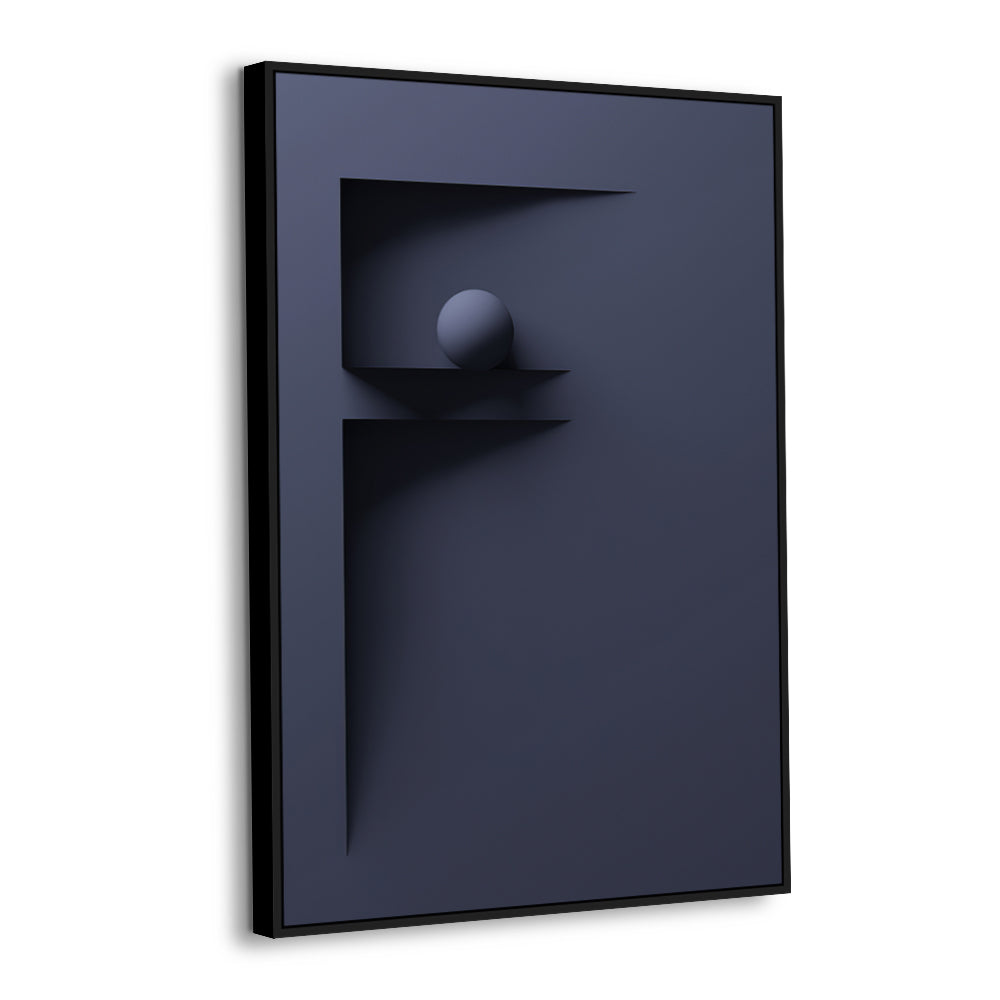 Sleek Dark Blue Geometric "F" Shape With Spherical Element Canvas Wall Art