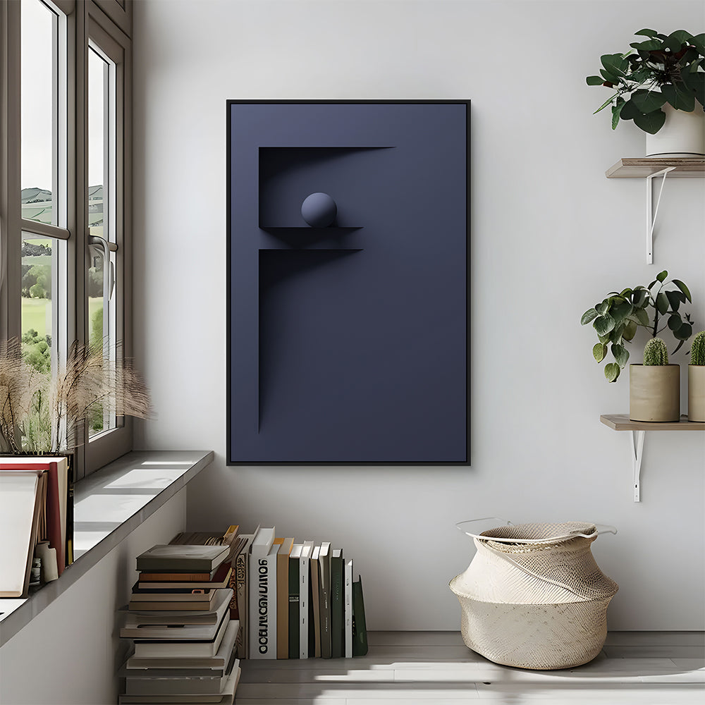 Sleek Dark Blue Geometric "F" Shape With Spherical Element Canvas Wall Art