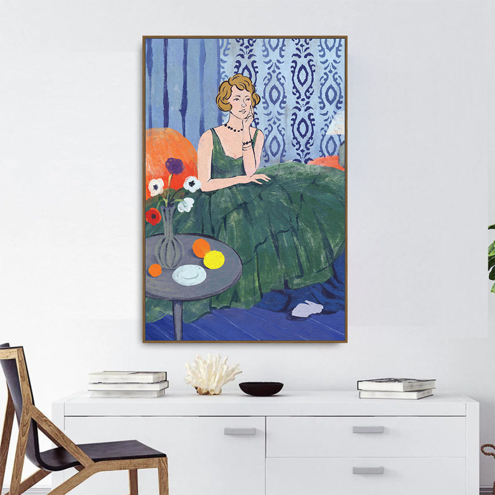 Vintage Charm: Lady In Green Canvas Wall Art