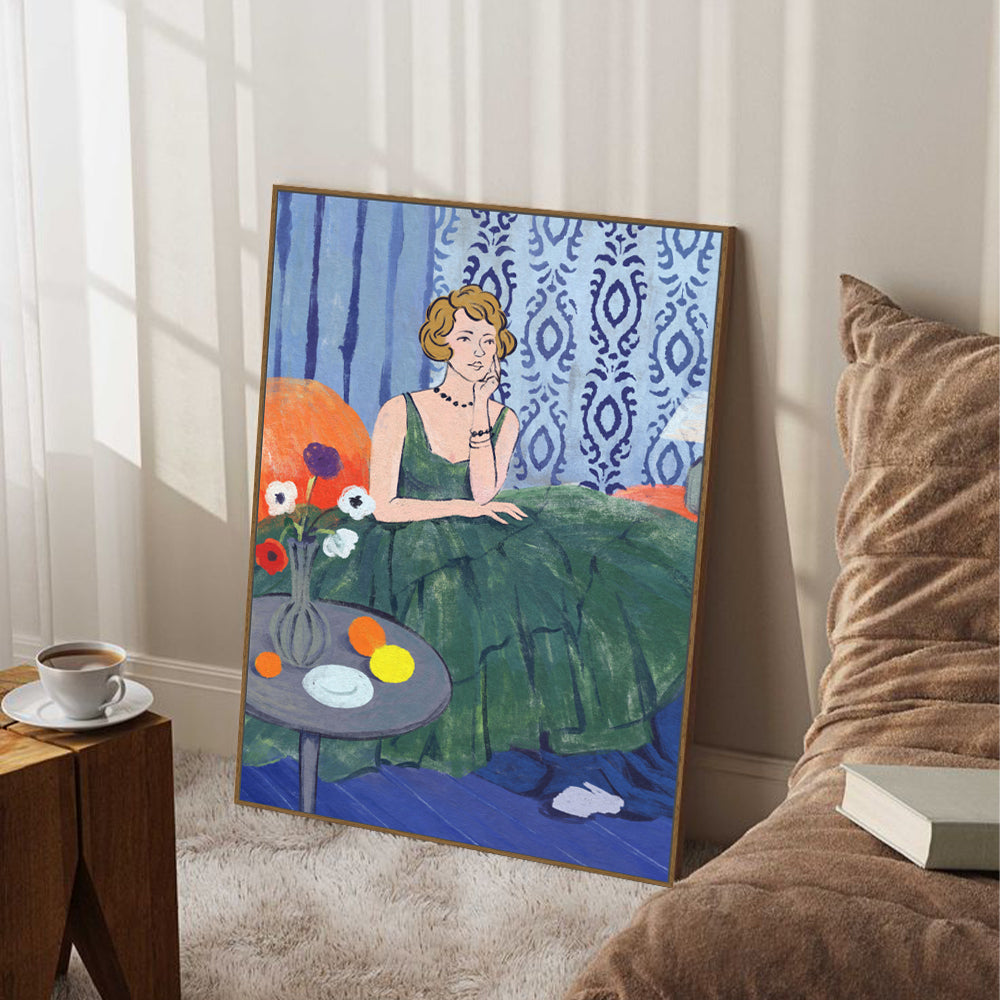 Vintage Charm: Lady In Green Canvas Wall Art