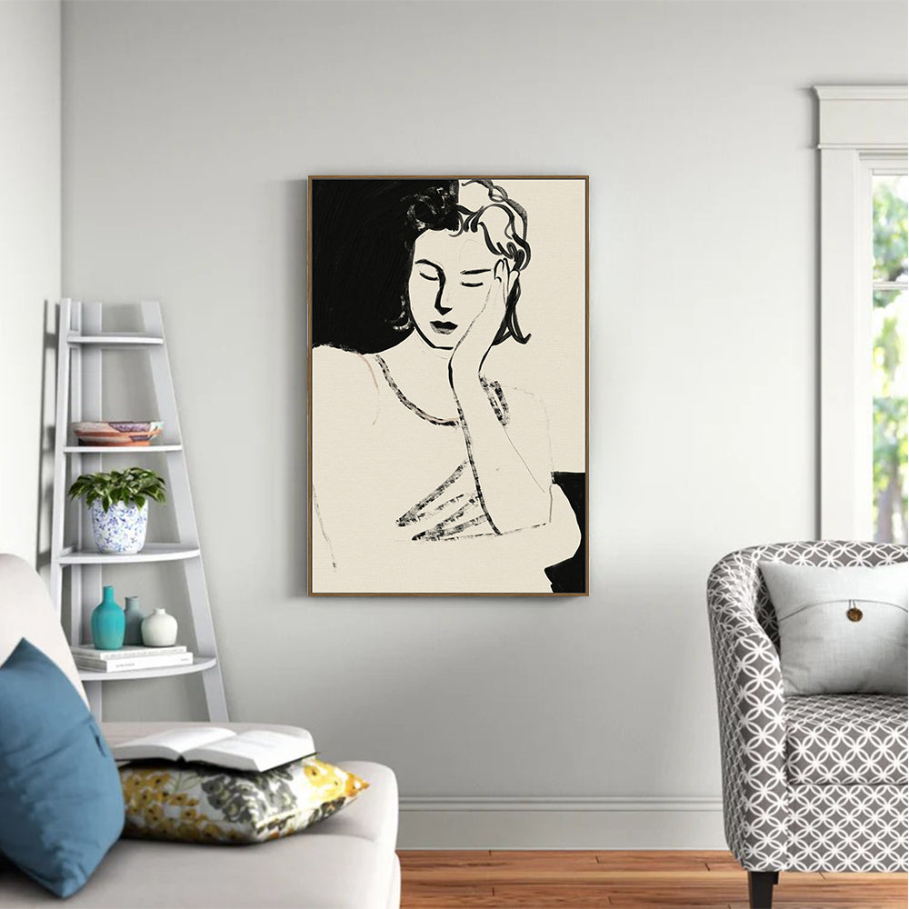 Serene Contemplation: Minimalist Black And White Portrait Canvas Wall Art