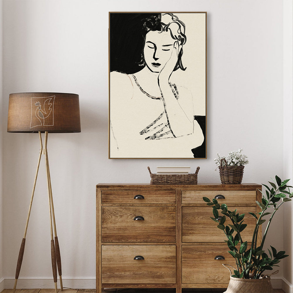 Serene Contemplation: Minimalist Black And White Portrait Canvas Wall Art