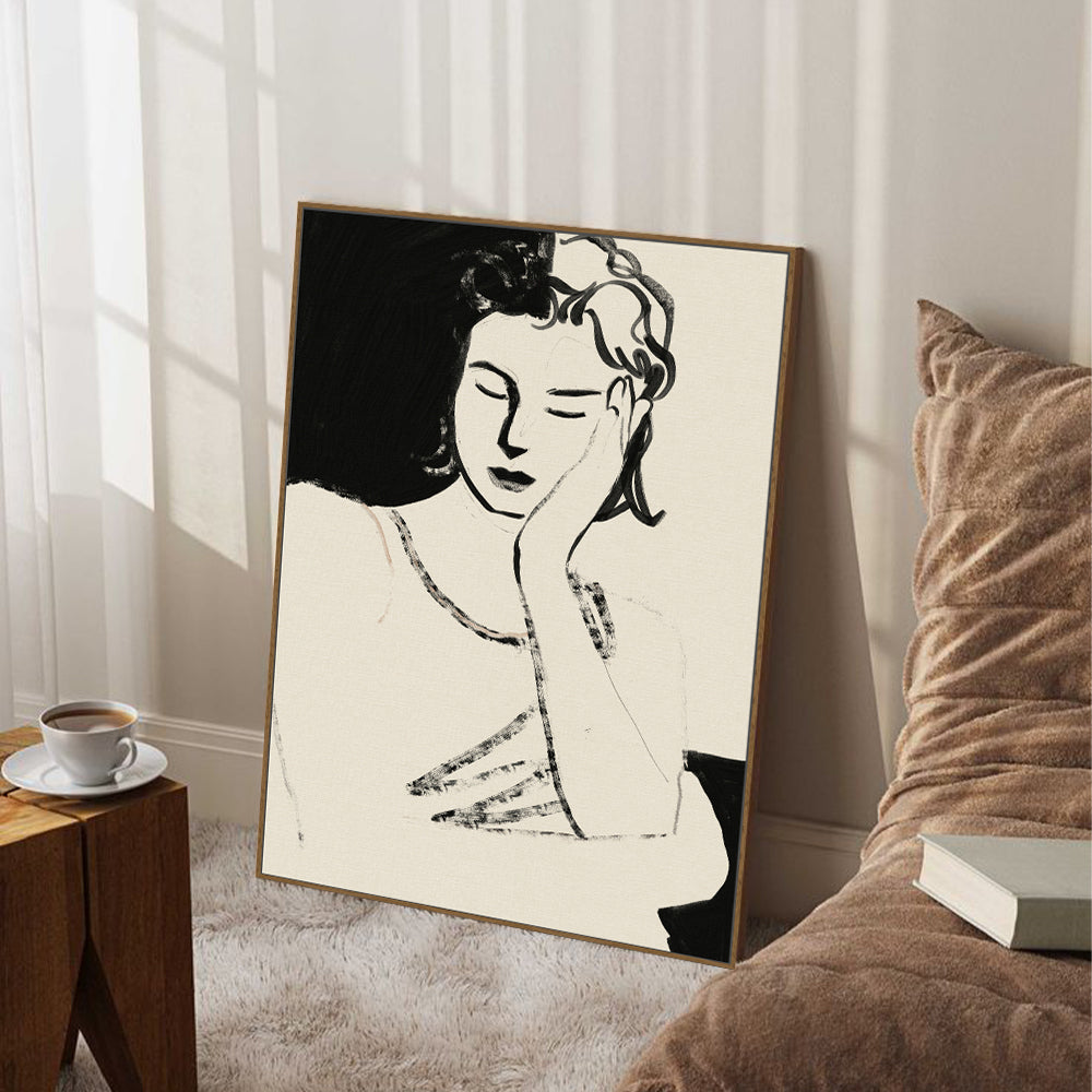 Serene Contemplation: Minimalist Black And White Portrait Canvas Wall Art