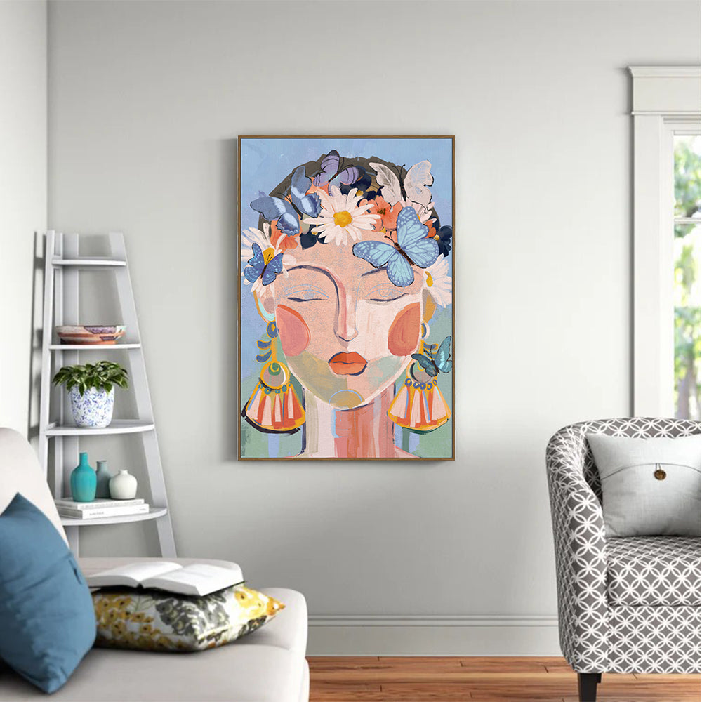 Whimsical Blossoms: Floral And Butterfly Portrait Canvas Wall Art