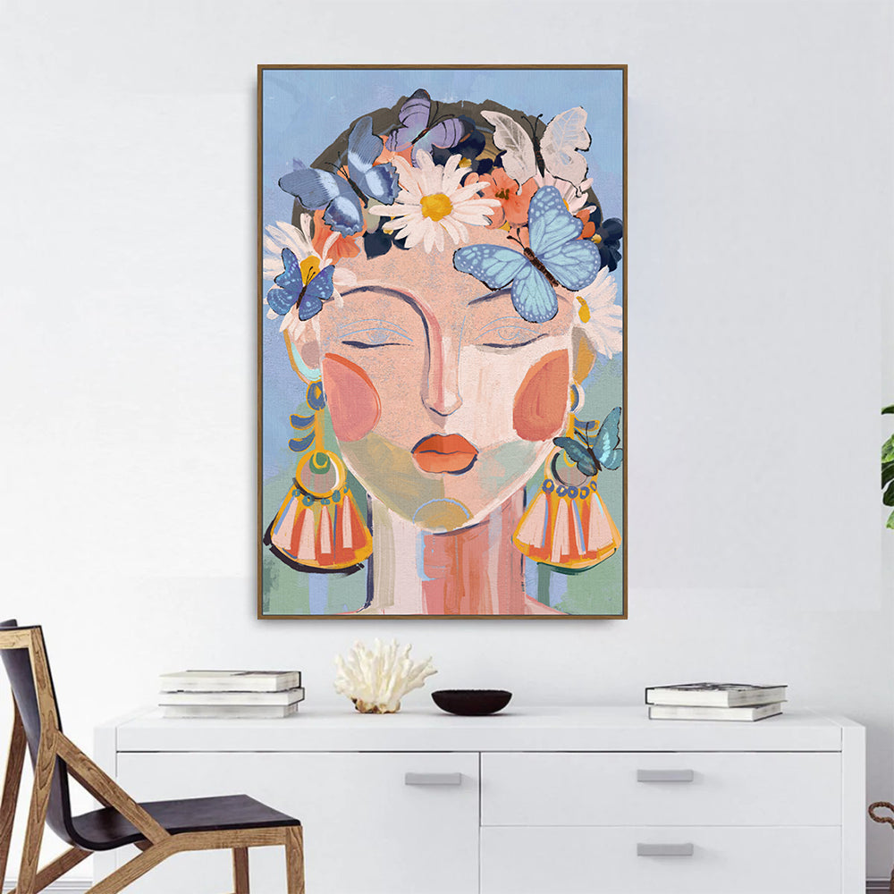 Whimsical Blossoms: Floral And Butterfly Portrait Canvas Wall Art