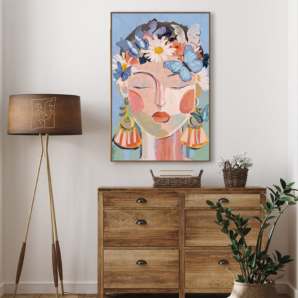 Whimsical Blossoms: Floral And Butterfly Portrait Canvas Wall Art