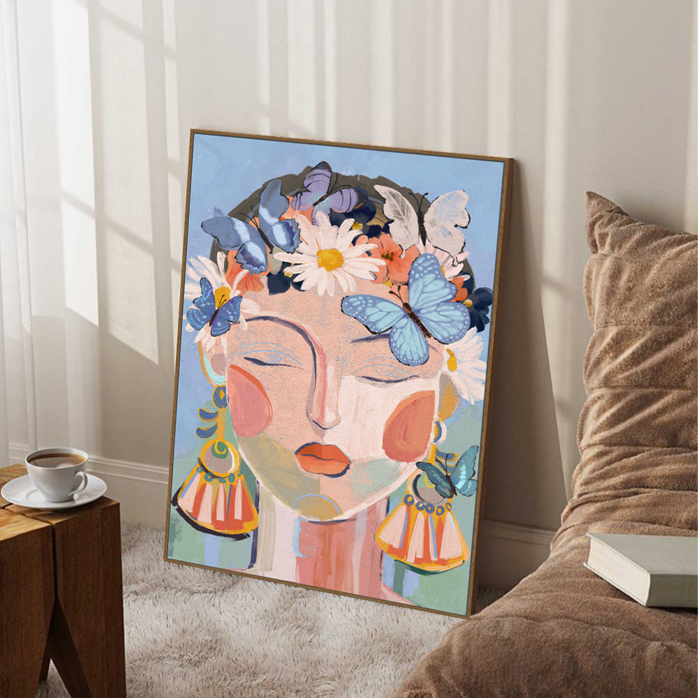 Whimsical Blossoms: Floral And Butterfly Portrait Canvas Wall Art