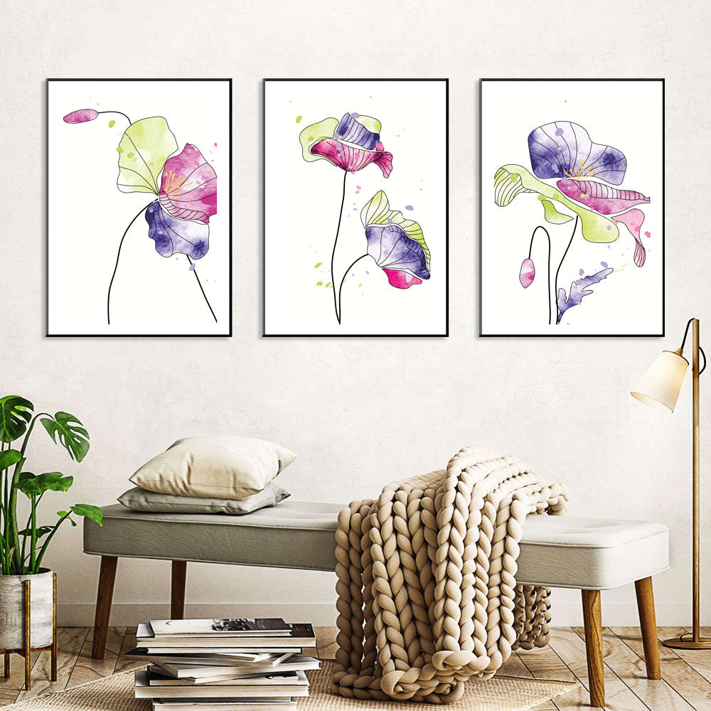 3-Piece Vibrant Floral Watercolor Canvas Wall Art